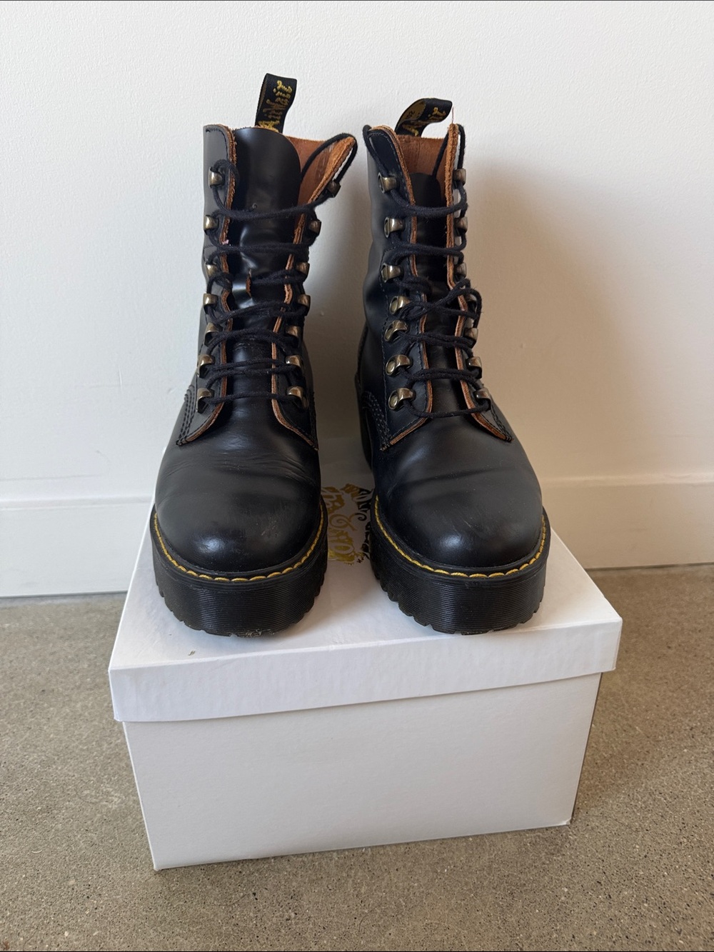 Dr. Martens Black Leather Lace-Up Platform Boots with Yellow Stitching